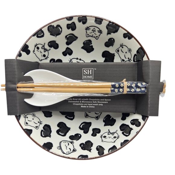 SH Home Set of 2 Cats Ceramic Ramen Noodle Bowl 43oz With Chopsticks And Spoons - Picture 11 of 12